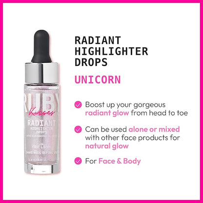Ruby Kisses Radiant Drops, Shimmer Liquid Highlighter Makeup, Smooth Illuminator for Face Body, Natural Glow Dewiness Glitter for Skin (UNICORN)