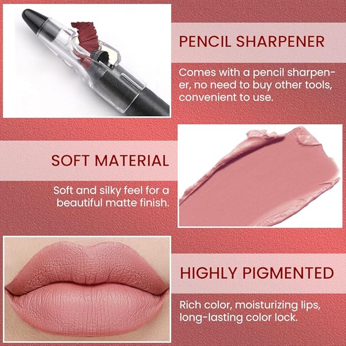 Nude Orange Crayon Matte Lipstick Lip Liner Pencil, Moisture Smooth Lipstick Penil, With Pencil Sharpener Sharpenable Lip Pen Ultimate Lip Crayon for Women Easy to Apply Waterproof 17#