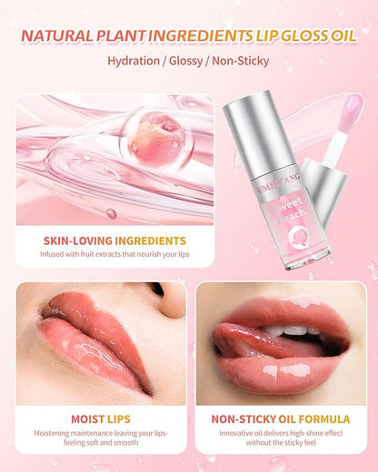 3Pcs Hydrating Lip Oil Set，Non-sticky Lip Oils Gloss Lip Balm Lip Care，Deeply Nourishing and Repairing Prevents Lips Chapped and Lighten Lip Lines(Honey，Peach，Strawberry)