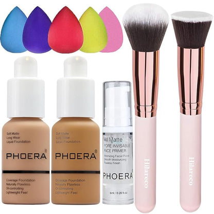 PHOERA Foundation Makeup for Wome Full Coverage Foundation Set,Face Primer Foundation Brush Powder Brush,5 Makeup Sponge,30ml PHOERA 24HR Matte Oil Control Concealer (105 Sand+111 Chestnut)