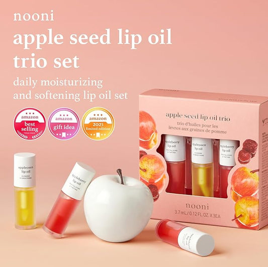 NOONI Korean Hydrating Lip Oil Gift Set - Appleseed Lip Oil Trio, Tinted Lip Care, Hydrating, Lip Plumping, Long Lasting Moisture, Korean Vegan Makeup for Women, 0.12 Fl Oz x 3ea