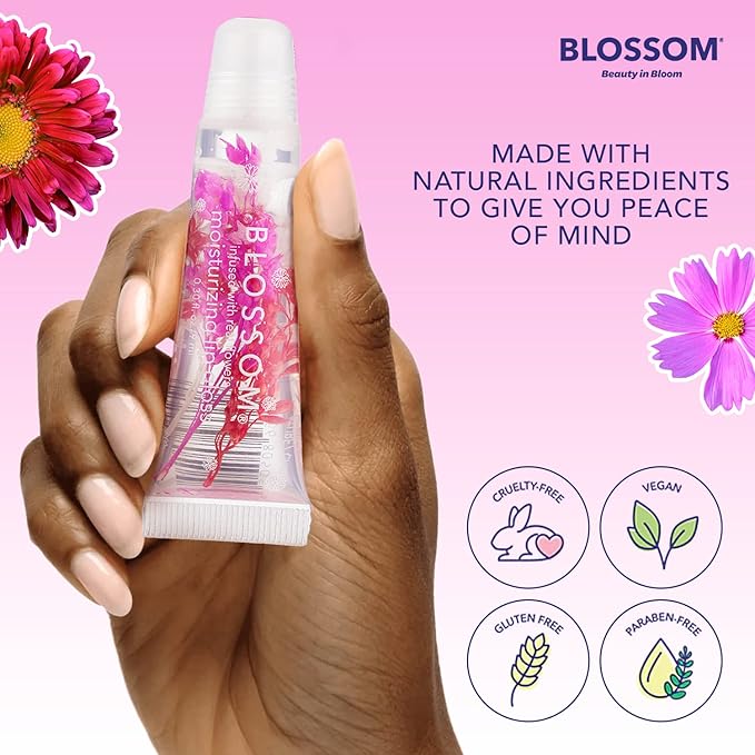 Blossom Scented Moisturizing Lip Gloss Tubes, Infused with Real Flowers, 0.6 fl. oz/18ml, 2 pack Full Size Gift Set, Strawberry/Watermelon