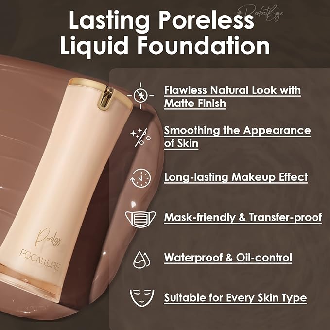 FOCALLURE PerfectBase Lasting Poreless Liquid Foundation, Medium to Full Coverage with Matte Finish, Covers Blemishes & Under-Eye Circles for All Skin Types, CP32 AMBER