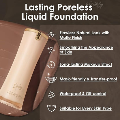 FOCALLURE PerfectBase Lasting Poreless Liquid Foundation, Medium to Full Coverage with Matte Finish, Covers Blemishes & Under-Eye Circles for All Skin Types, CP32 AMBER