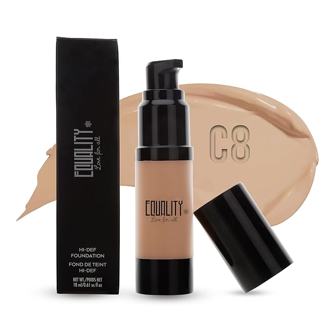 EQUALITY HI-DEF Foundation, Water resistant, Medium to Full coverage, Dewy finish non-matt, 12 hour wear Shine control, Cruelty Free, Paraben Free, 18ml/0.61 US Fl Oz - C8