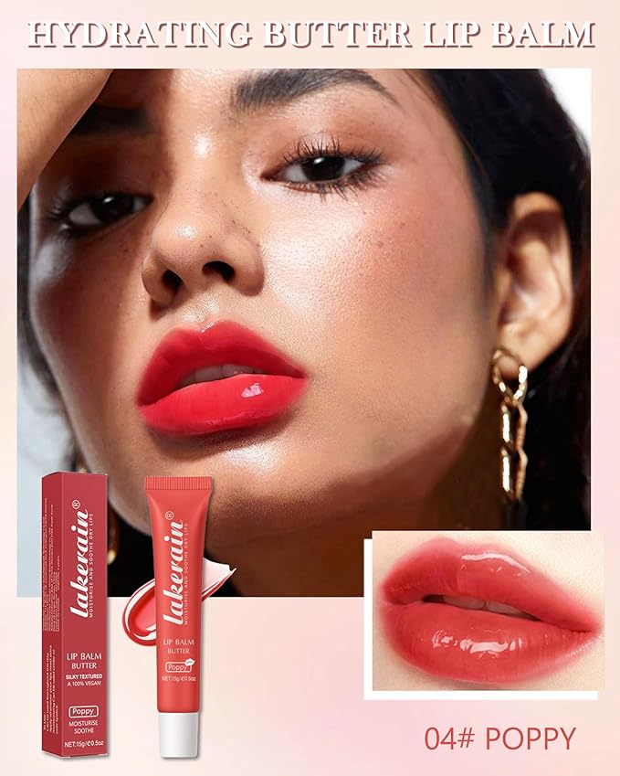 Lip Butter Balm Poppy, Hydrating Tinted Butter Lip Gloss,Clear Lip Mask Lip Care Moisturizer,Smooth Lip Treatment Balm,Jelly Yummy Glow Reviver Fat Lip Oil,Women's Day Makeup Gift for Women-04