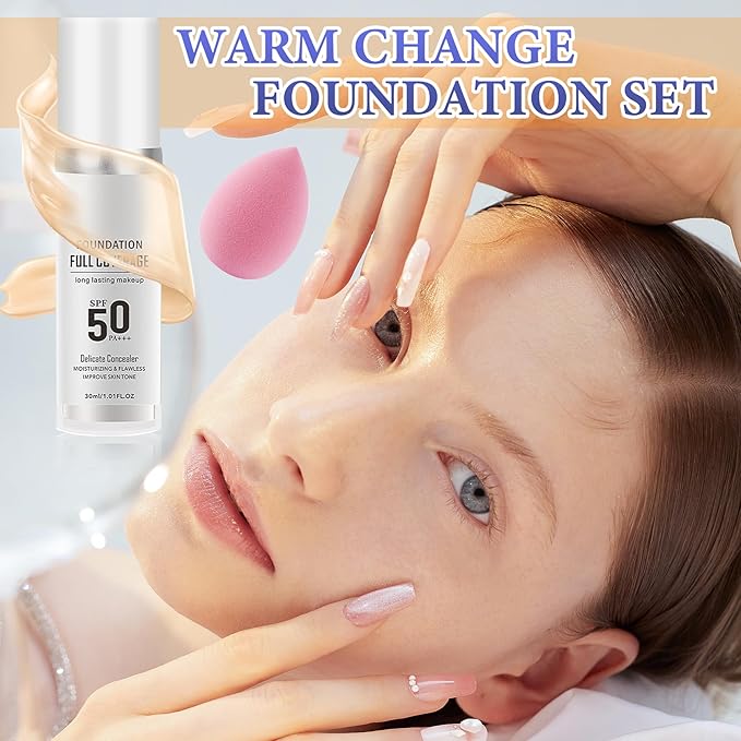 2PCS Color Changing Foundation,Full Coverage Flawless Non-greasy Liquid Foundation Set with Makeup Brush and Makeup Sponge,Suitable for All Skin Types A