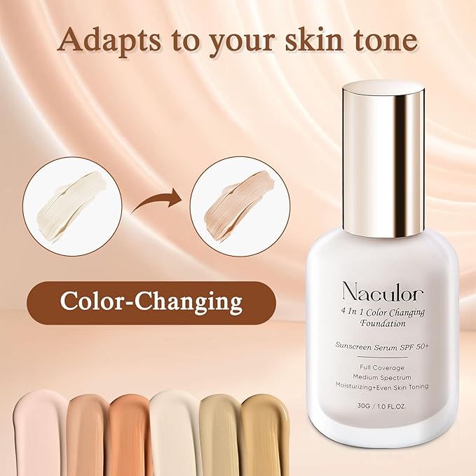 Foundation 4 in 1 - Medium Spectrum with SPF 50+,Multi-Use Liquid Makeup,Color Changing,Hydrating&Concealer&Sun Protection&Primer,Lightweight for Gym,Sports.