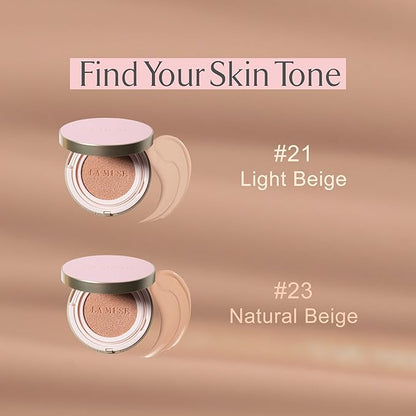 LA MUSE Korean Cushion Foundation, #21 Light Beige(2 Packs) | Lightweight, Breathable but Perfect Blemish Cover for Summer | Long-Lasting, Korean Foundation with Radiant Dewy Finish | Skin Hydrating