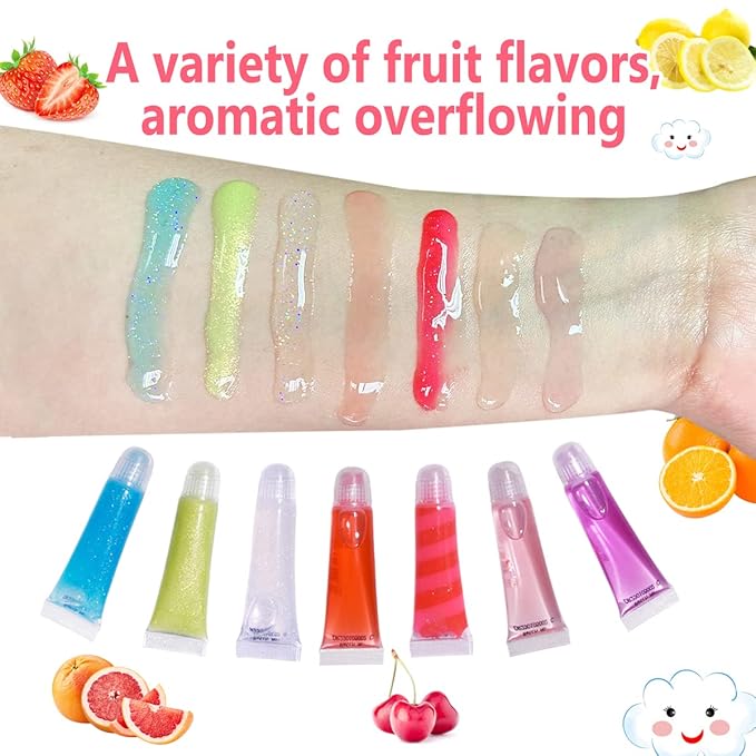 M&U Sparkle Lip Gloss Set with Handbag, 7Pcs Assorted Flavors Hydrating Lip Balm Party Favor Make-up for Kids and Teens Ages 5+