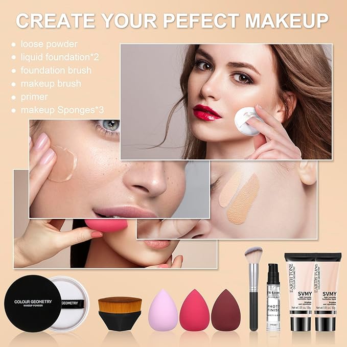 Foundation Full Coverage Matte Oil Control Concealer with Face Primer & Makeup Brush & Makeup Sponge & Foundation Brush