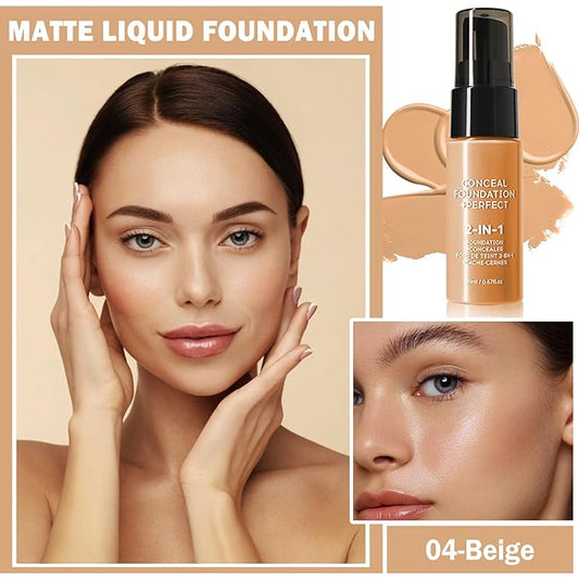 Concealer Full Coverage Foundation for Mature Skin,Oil Control Matte 2 in 1 Concealer liquid Foundation Makeup Waterproof Base De Maquillaje Alta Cobertura-04 Beige
