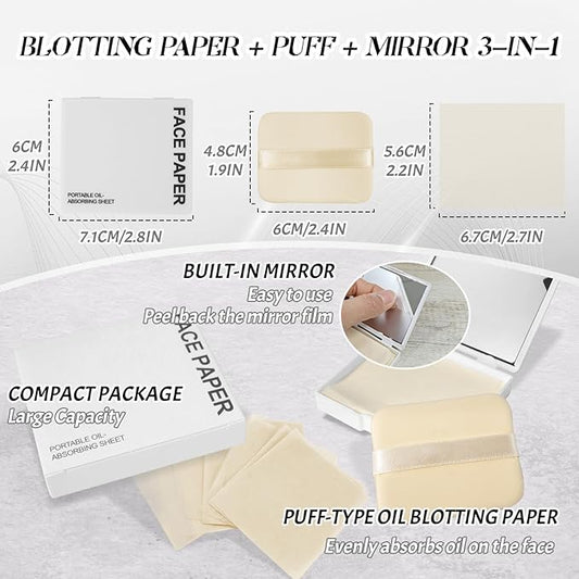 BOROLA 3-in-1 Oil Blotting Paper Set for Face 100 Sheets Oil Absorbing Sheets with Portable Mirror & Adhesive Makeup Puff, Blotting Papers for Oily Skin, Design for Men & Women(White)