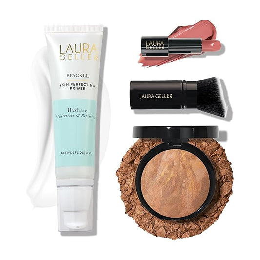 LAURA GELLER NEW YORK Effortless Essentials Kits - Cream Finish (4pc): Baked Balance-n-Brighten Foundation, Sand + Spackle Makeup Primer, Hydrate + Modern Classic Cream Lipstick, Pink Passion+Kabuki