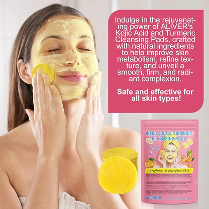 Turmeric Cleansing Pads 60 PCS, Kojic Acid and Turmeric Cleansing Pads, Turmeric Cleansing Pads for Dark Spots, Sugar Turmeric Exfoliating Cleansing Pads for Face and Body (2 pack) ﻿ ﻿