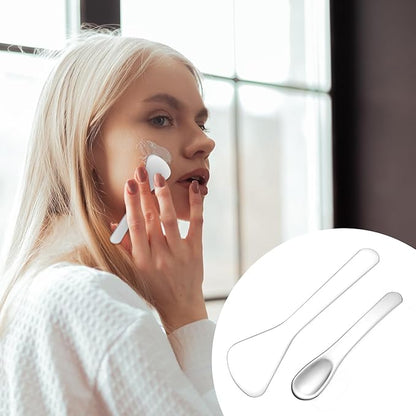 2pcs Mini Metal Cosmetic Spatulas, Reusable Facial Cream Mask Spoon Skincare Spatula Multifunctional Face Mask Applicator Tool for Mixing Sampling Lotions Eye Cream Moisturizers, Silver