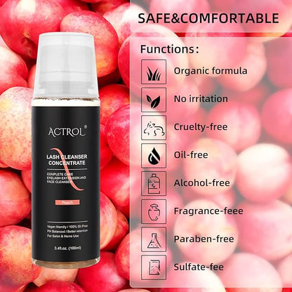 Eyelash Cleanser Concentrate 100ml Peach Professional Lash Shampoo Foaming Cleanser DIY Paraben & Sulfate Free Non-lrritating Wash for Extensions Lashes with Salon Care-Makes 20 Bottles