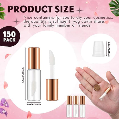 Jinei 150 Pcs Clear Empty Lip Balm Bottles 1.2ml Mini Lip Gloss Tubes, Refillable Containers Transparent Plastic Clear Lipstick Tubes for Girl Women DIY Makeup Sample Travel(Rose Gold)