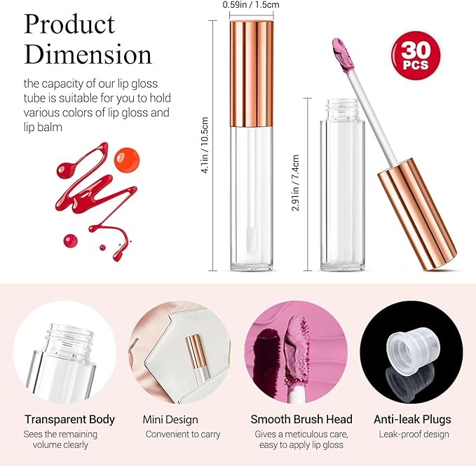 KPX 30 Pcs lip Gloss Tube Containers Bulk Wand 10ml Empty Clear Pink Lip Oil Tubes Refillable Lip Balm Bottles with Rubber Insert for DIY Makeup Such as Lip Samples, Homemade Lip Balm (Rose Golden)