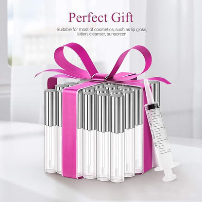 KPX 30 Pcs lip Gloss Tube Containers Bulk Wand 10ml Empty Clear Pink Lip Oil Tubes Refillable Lip Balm Bottles with Rubber Insert for DIY Makeup Such as Lip Samples, Homemade Lip Balm (Silver)