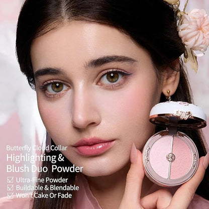 Flower Knows Butterfly Cloud Collar Rouge Box Highlighting & Blush Duo Powder 01 Rouge Snow+Butterfly Cloud Collar Angled Powder Brush Pearly Moonlight