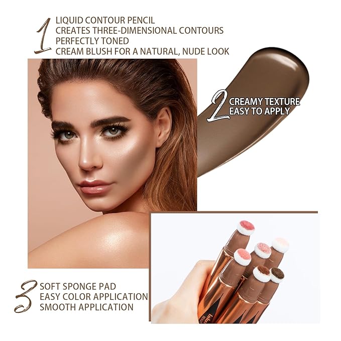 Contour Beauty Wand, Soft Liquid Contour Stick with Cushion Applicator, Silky Cream Contour Stick Natural Matte Finish, Face Contour Makeup for Women, Lightweight Breathable (06# Contour Stick)