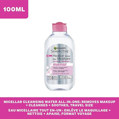 Garnier Micellar Cleansing Water, All-in-1 Makeup Remover and Facial Cleanser, For All Skin Types, 3.4 Fl Oz (100mL), 1 Count (Packaging May Vary) (Pack of 2)