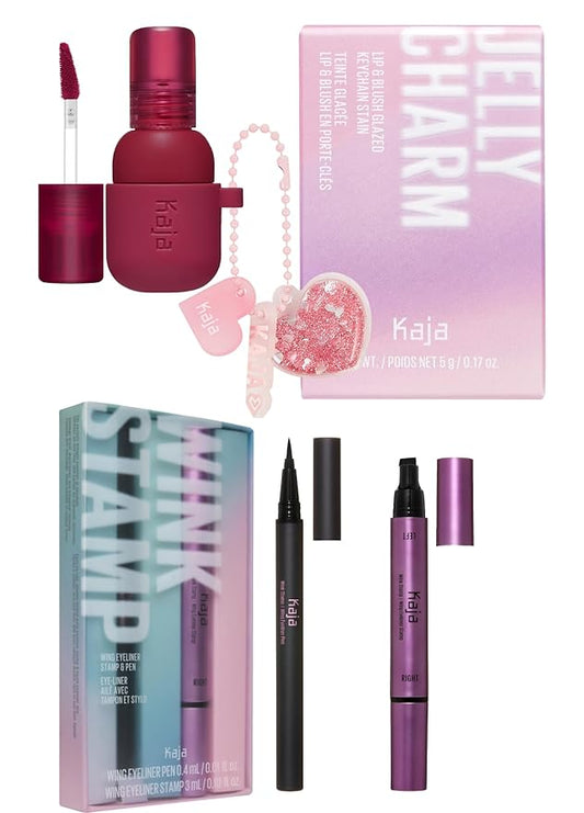 Kaja Lip & Blush Glazed Keychain Stain - Jelly Charm 01 Cherry Spritz + Wink Stamp Wing Eyeliner Pen & Stamp Long Bundle