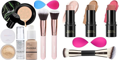 PHOERA Foundation,Mushroom Head Air Cushion CC Cream, PHOERA Primer, PHOERA Powder,3 Pcs Cream Contour Stick Makeup Kit, Shades with Highlighter Stick, Blush Stick and Bronzer Contour Stick