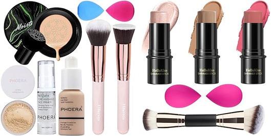 PHOERA Foundation,Mushroom Head Air Cushion CC Cream, PHOERA Primer, PHOERA Powder,3 Pcs Cream Contour Stick Makeup Kit, Shades with Highlighter Stick, Blush Stick and Bronzer Contour Stick