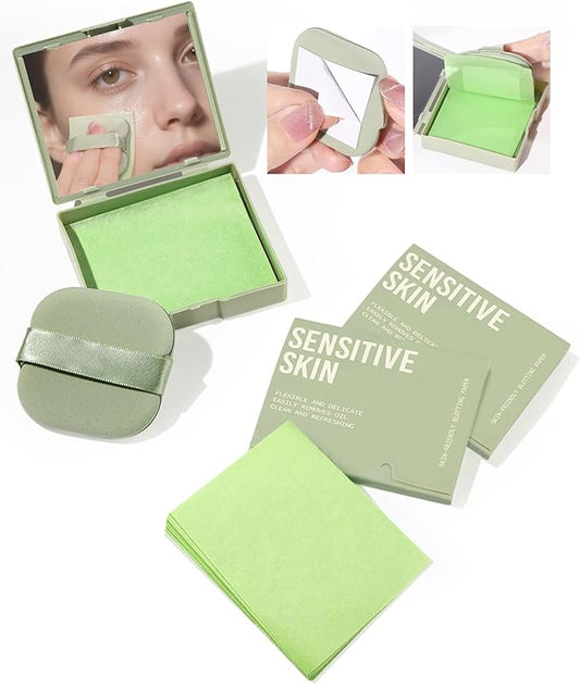 300 Oil Blotting Sheets for Face with Mirror & Puff Set | Oil Absorbing Sheets for Oily Skin | High-Performance Oil Control | Say Goodbye to Greasy | Summer Essentials for Women