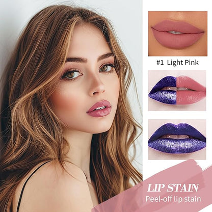 Peel-Off Lip Tint Set - Tattoo Lip Stain Kit, Long-Lasting Matte Finish, Moisturizing Peel-Off Lip Mask, Waterproof & Smudge-Proof, 24H Color Hold (#3 Hot Pink, 1)