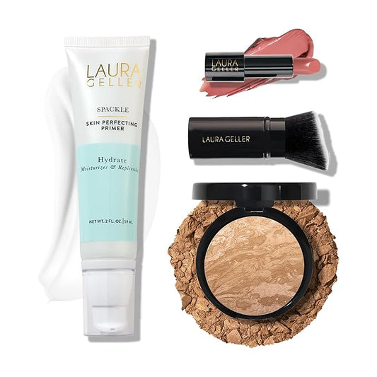 LAURA GELLER NEW YORK Effortless Essentials Kits Cream Finish 4pc Baked Balance-n-Brighten Foundation, Golden Medium+Spackle Makeup Primer, Hydrate+Modern Classic Cream Lipstick, Pink Passion+Kabuki