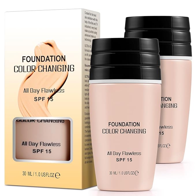 Colour Changing Foundation, 2Pack Color Changing Liquid Foundation Makeup Base Moisturizing Concealer Cover for Women, SPF15, Sunscreen, Non-Greasy, Long Lasting
