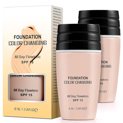 Colour Changing Foundation, 2Pack Color Changing Liquid Foundation Makeup Base Moisturizing Concealer Cover for Women, SPF15, Sunscreen, Non-Greasy, Long Lasting