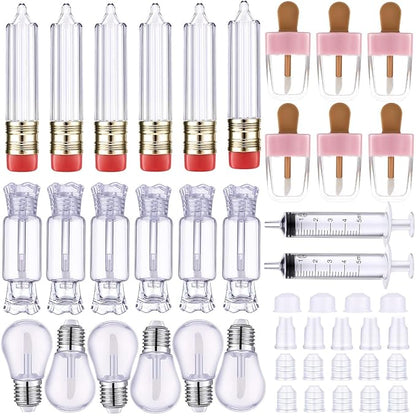 28 Pieces Transparent Empty Lip Gloss Tube Containers, Include 24 Pencil and Candy Shaped Oil Bottles, Ice Cream Funny Light Bulb Balm Tube, 4 Plastic Syringe for Women Girls DIY