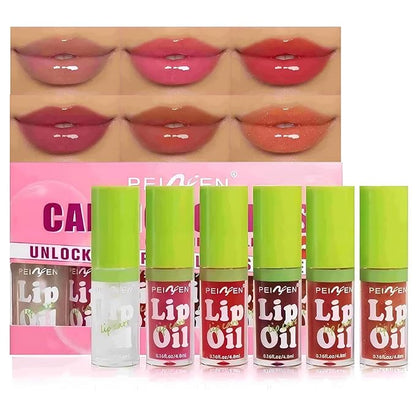 6 Pcs Colorful Fat Lip Oil Hydrating Lip Gloss Set with Long-lasting and Moisturizing Glass Water Lip Stain for Lip Care and Makeup