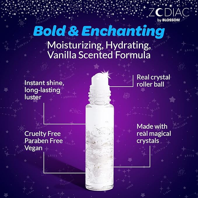 Blossom Lip Gloss Zodiac Sign Vanilla Scented Roll-On Lip Gloss, Moisturizing + Hydrating with Zodiac Crystals, Made in USA, 0.20oz, Cancer