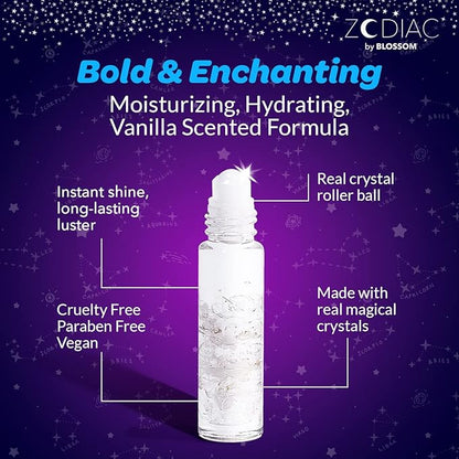 Blossom Lip Gloss Zodiac Sign Vanilla Scented Roll-On Lip Gloss, Moisturizing + Hydrating with Zodiac Crystals, Made in USA, 0.20oz, Cancer