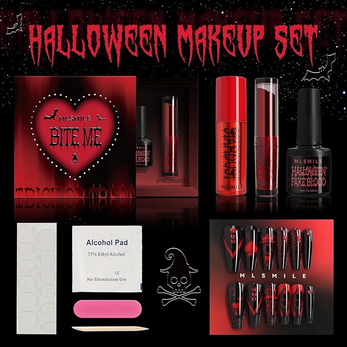 Halloween Makeup Kit,Halloween Press On Nail With Tools,SFX Make up Set Fake Blood Cream,Powder Lipstick,two-tone eyeshadow,2024 New Halloween Party Supplies