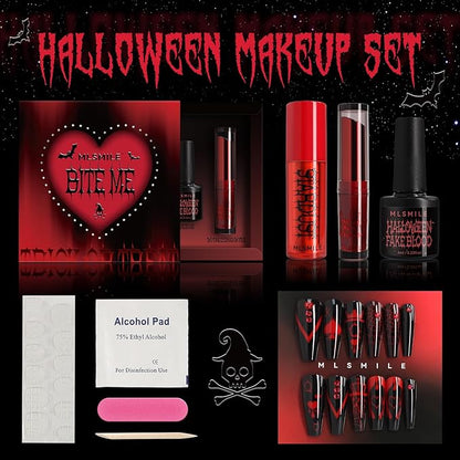 Halloween Makeup Kit,Halloween Press On Nail With Tools,SFX Make up Set Fake Blood Cream,Powder Lipstick,two-tone eyeshadow,2024 New Halloween Party Supplies