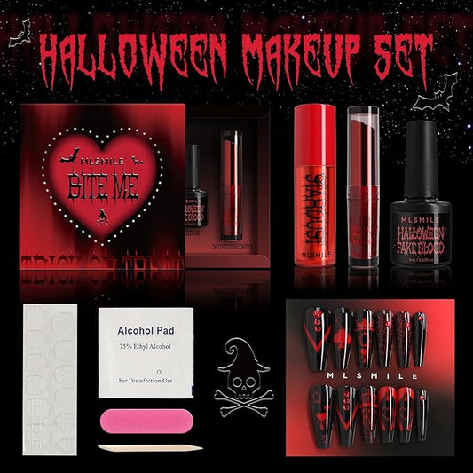 Halloween Makeup Kit,Halloween Press On Nail With Tools,SFX Make up Set Fake Blood Cream,Powder Lipstick,two-tone eyeshadow,2024 New Halloween Party Supplies