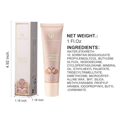 YOUNG VISION Full Coverage Longwear Foundation, Matte Finish, Waterproof, Poreless Liquid Foundation Makeup, 1 fl.oz