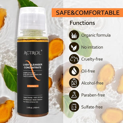 Eyelash Shampoo Concentrate 100ml Lash Extensions Cleanser Concentrate Turmeric Foaming Shampoo Paraben & Sulfate Free Wash for Extensions Lashes with Salon Home Care-Makes 60ml Bottles