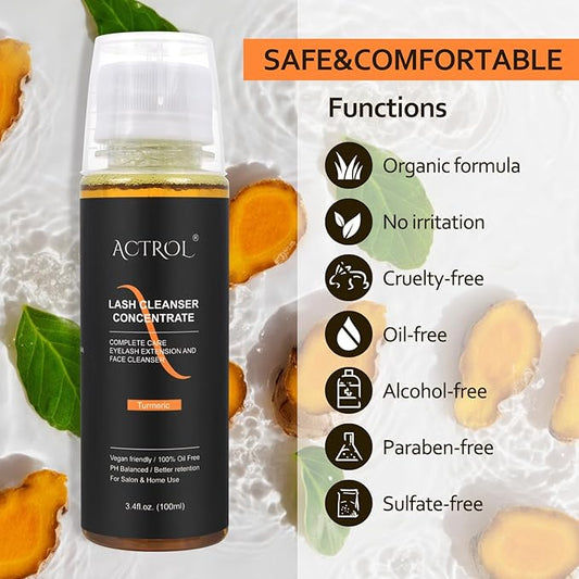 Eyelash Shampoo Concentrate 100ml Lash Extensions Cleanser Concentrate Turmeric Foaming Shampoo Paraben & Sulfate Free Wash for Extensions Lashes with Salon Home Care-Makes 60ml Bottles