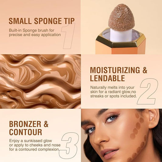 Natural Brown Liquid Contour Stick, Cream Contour Makeup, Long Lasting Silky Liquid Bronzer Face Concealer Matte Contouring with Cushion Applicator (101)