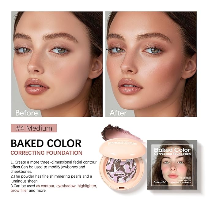 Baked Color Correcting Foundation – Lightweight Airy Finish Powder Makeup with Mirror, Subtle Glow, Oil Control, Long Lasting – Fine Texture for Smooth Light to Medium Coverage (#4 Medium)