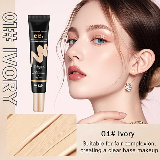CC Cream with SPF 50+ with Brush, Waterproof Flawless Concealer Full Coverage BB Cream for All Skin Types, Lightweight Powder Foundation Full Coverage, Pre-makeup Primer Refine Skin Texture (Ivory)