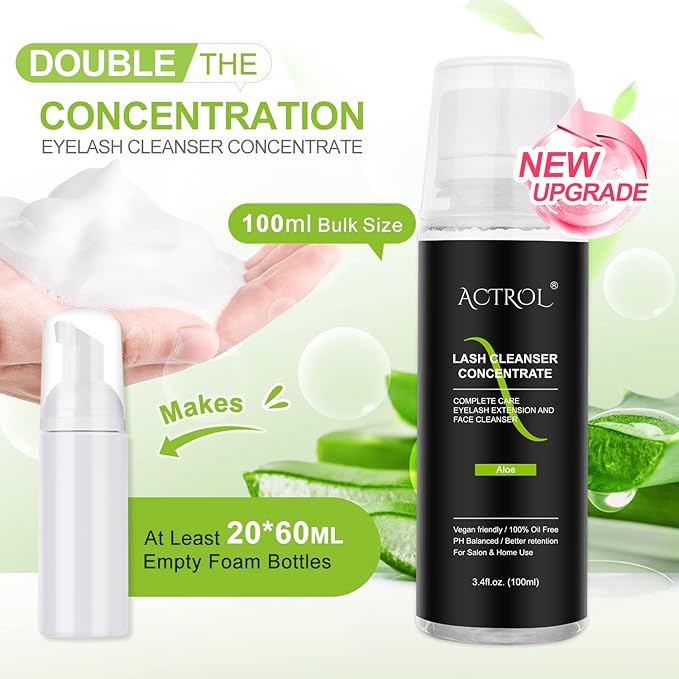 Eyelash Cleanser Concentrate 100ml Aloe Professional Lash Shampoo Foaming Cleanser Paraben & Sulfate Free Non-lrritating Wash for Extensions Lashes with Salon Home Care-Makes 20 Bottles