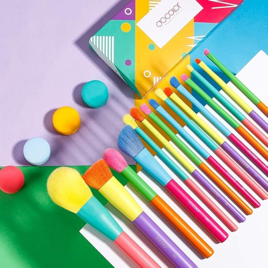 Docolor 15 Pcs Colourful Makeup Brush Set + 34 Colors Tropical Eeyshadow Palette Pigmented Matte Shimmer Metallic Blendable Soft Cream Powder Makeup Eye Shadow Palettes for Christmas Gift